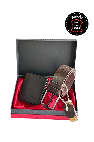 Kar-Pa Babalar Günü Hedeyi Kahverengi %100 Deri kot Pantolon Kemeri ve Cüzdan...