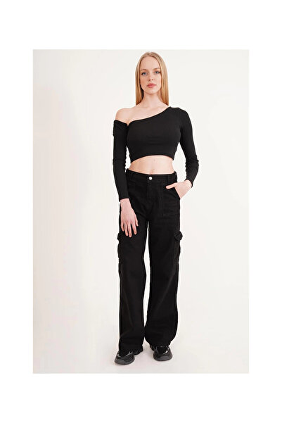 Cotton Mood 23254281 Ribbed Knit One Shoulder Low-Cut Long Sleeve Blouse Black