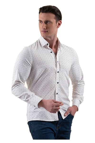 Exve Exclusive Μπλε Navy Sailor Anchor Pattern σε λευκό βαμβακερό ανδρικό πουκάμισο με λεπτή εφαρμογή