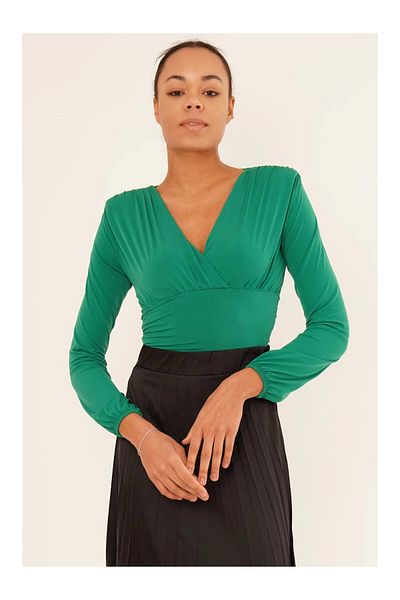 Cotton Mood Green Long Sleeve Blouse - Sandy Double Breasted Collar Shirred Padded