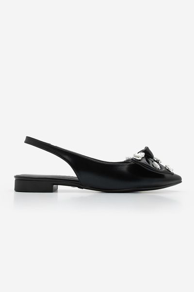 Marjin Damen-Ballerinas mit spitzer Zehenpartie und Schleife, detailliertem Stein, Slingback-Schal, Schwarz