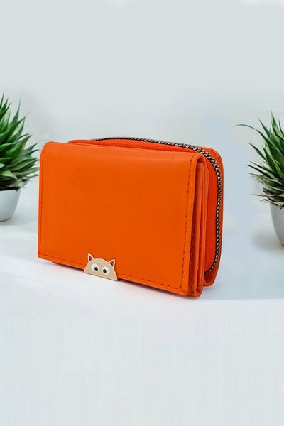 MILANOFOX Orange Cat Detailed Wallet - Leather, Snap Fastener Zipper, Coin & Card Holder