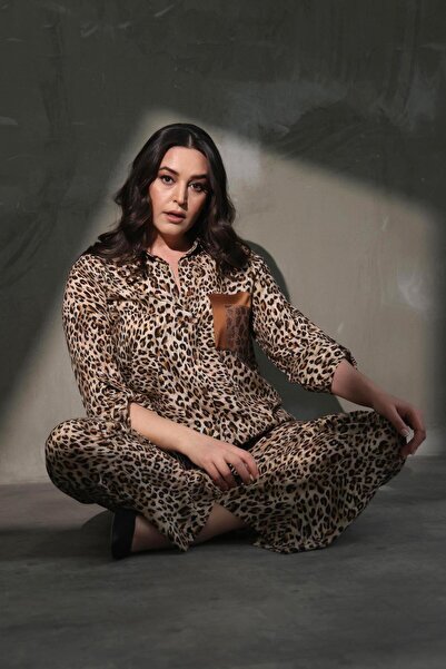 Metpoint Trend42Plus Plus Size Leopard Patterned Stone Printed Shirt