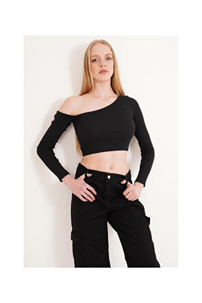 Cotton Mood 23254281 Ribbed Knit One Shoulder Low-Cut Long Sleeve Blouse Black