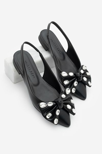 Marjin Damen-Ballerinas mit spitzer Zehenpartie und Schleife, detailliertem Stein, Slingback-Schal, Schwarz