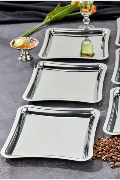 ŞAKİLATA CONCEPT Square Stainless Steel 3-Piece Silver Coffee, Tea, Decorative Presentation Serving Tray