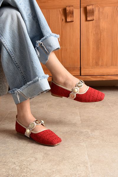 topukludünyası Colorful Tweed Fabric Blunt Toe Women's Ballerina Shoes