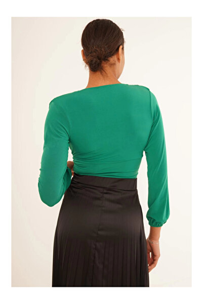 Cotton Mood 23254223 Sandy Double Breasted Collar Gathered Padded Long Sleeve Blouse GREEN