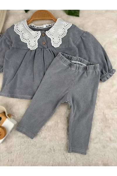 Minizade Baby Scallop Collar Soft Lycra Jeans Baby Girl Double Set