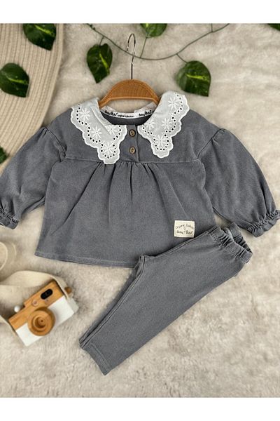 Minizade Baby Scallop Collar Soft Lycra Jeans Baby Girl Double Set