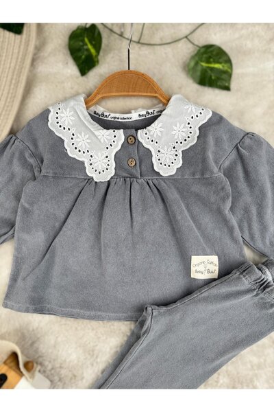 Minizade Baby Scallop Collar Soft Lycra Jeans Baby Girl Double Set