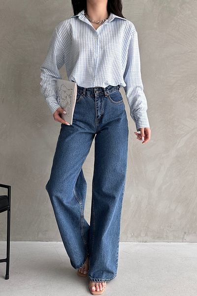 Fav Style Cămașă țesută pentru femei cu mânecă lungă, albastră, supradimensionată