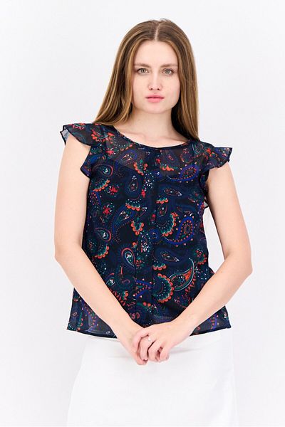 Tommy Hilfiger Women Round Neck Ruffle Sleeves Paisely Print Blouse, Multicolor