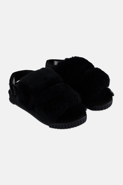 SHAKA Women Weekend Mouton Velcro Faux Fur Sandals, Black