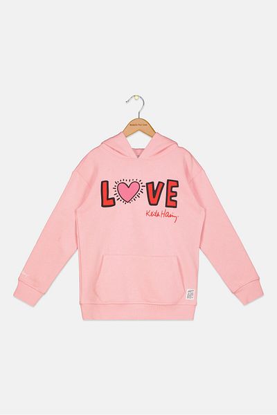 Keith Haring Kids Girl Graphic Printed Hooded Sweatshirt, Pink Combo