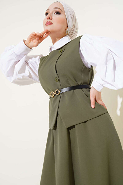 VOLT CLOTHİNG Dámská dvoudílná souprava s překříženým knoflíkem a sukní s páskem