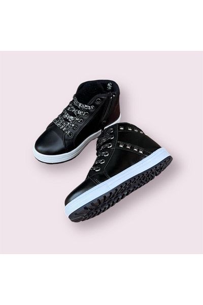 İpek Silk Girl Child Black Glitter Lace-Up Zipper Boots Botie