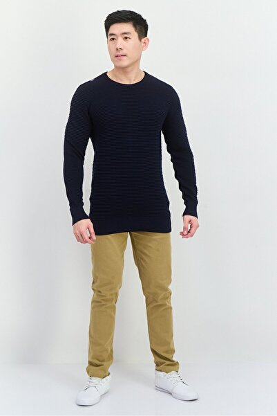 French Connection Men Crew Neck Long Sleeve Textured Sweaters, Navy Blue