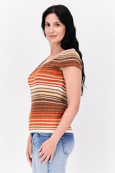 Jessica Simpson Women Square Neck Short Sleeve Stripe Top, Brown Combo