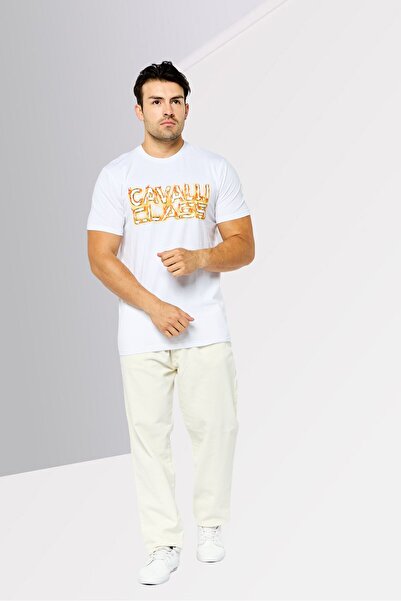 Cavalli Class Men Round Neck Short Sleeve Graphic Print T-Shirt, White