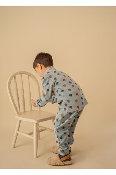 Kirazkids ELMA DESENLİ MAVİ KADİFE TAKIM