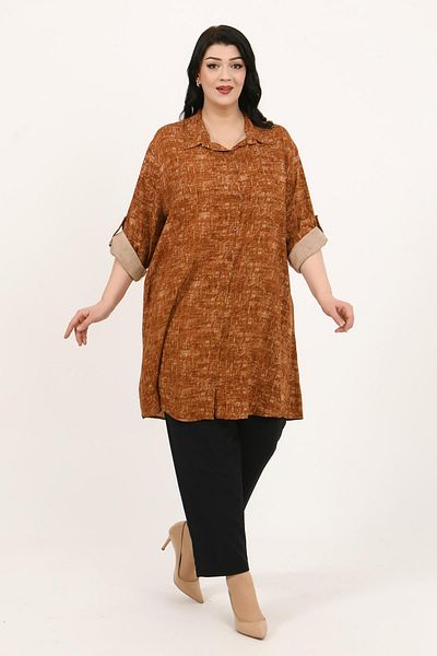 By Alba Collection Women's Brick Color Patterned Cotton Viscose Large Size Tunic