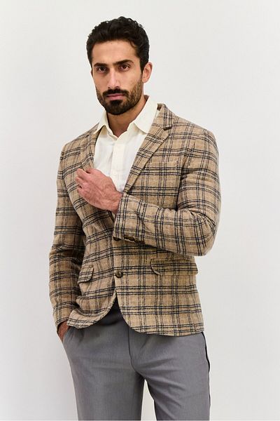 Asos Design Men Regular Fit Plaid Semi-formal Blazer, Beige Combo
