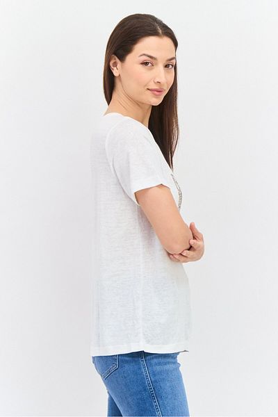 Pepe Jeans Women Round Neck Short Embellished T-shirt, Off White