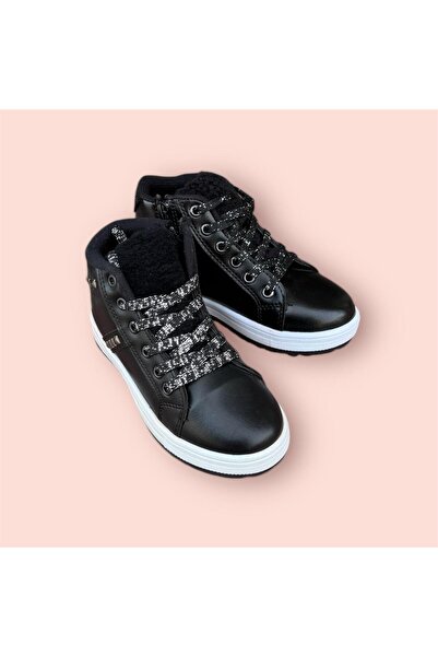 İpek ipek kız çocuk siyah simli bağcıklı fermuarlı bot botie