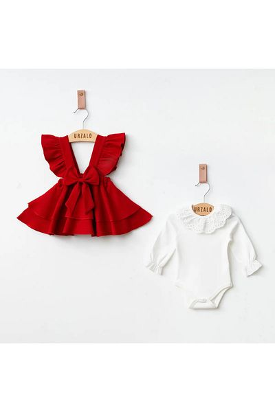 Minimely Baby Girl Red Dress Lace Collar Body Set