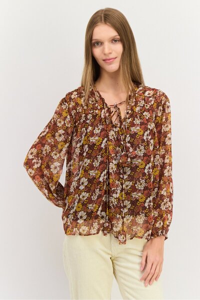 Pepe Jeans Women Tie-Neck Long Sleeves Allover Print Blouse, Multicolor