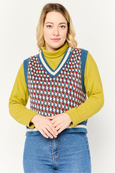 Lyle & Scott Women V-Neck Houndstooth Print Sleeveless Vest, Blue Combo