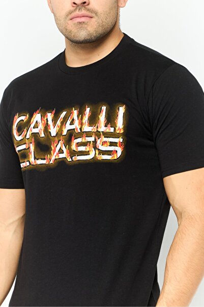 Cavalli Class Men Round Neck Short Sleeve Graphic Print T-Shirt, Black Combo