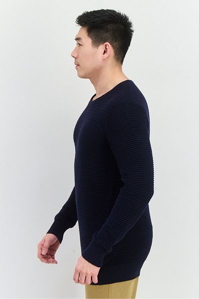 French Connection Men Crew Neck Long Sleeve Textured Sweaters, Navy Blue