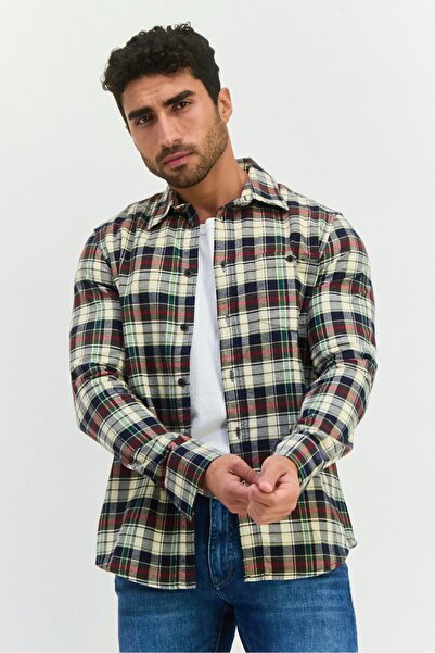 GAS قميص رجالي كاجوال منقوش بأكمام طويلة وقصة عادية، مزيج من اللون الأزرق الد...