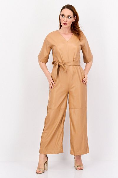 H by Halston Women Plain Short Sleeve Belted Jumpsuit, Tan