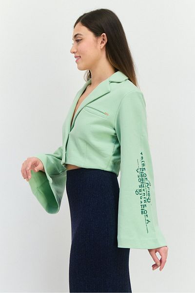 Tribe of 6 Women Regular Fit Textured Semi Formal Blazer, Green
