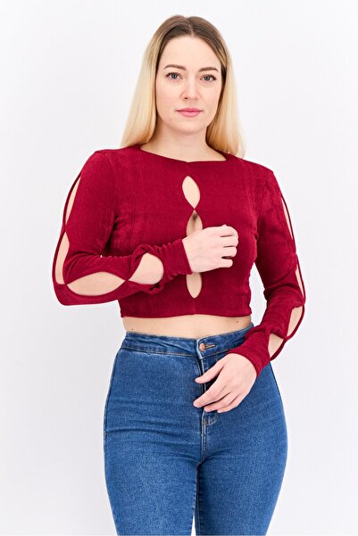 Asos Design Women Round Neck Long Sleeve Textured Cut Out Top, Burgundy