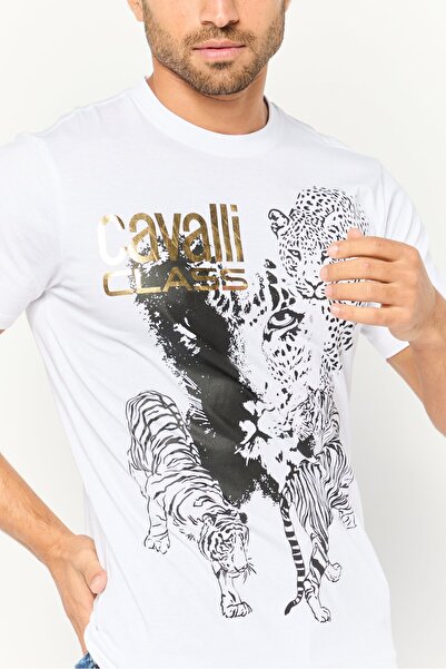 Cavalli Class Men Crew Neck Short Sleeves Brand Logo T-Shirt, White
