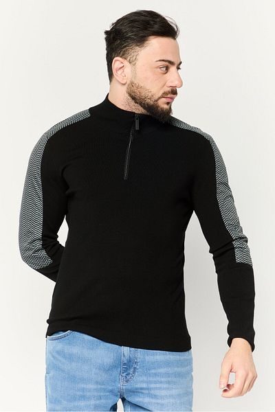 Perry Ellis Men Mock Neck Chevron Detail Quarter Zip Sweater, Black