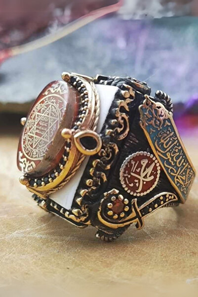 Diriliş Takı Beyaz Üzeri Kırmızı Mührü Süleyman Gümüş Yüzük