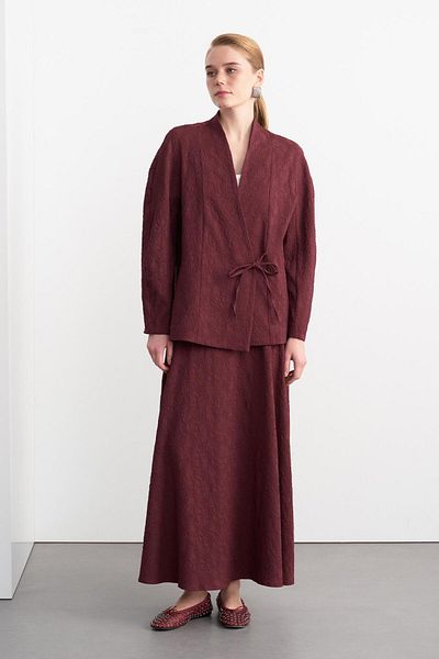 KADRİYE BAŞTÜRK Ari Textured Jacket & Skirt Set Claret Red