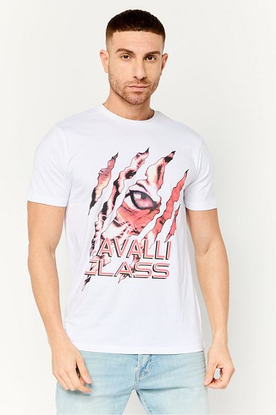Cavalli Class Men Crew Neck Short Sleeve Graphic Print T-shirt, White Combo