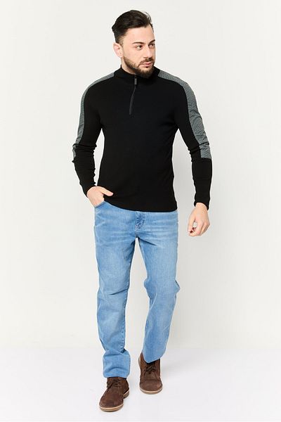 Perry Ellis Men Mock Neck Chevron Detail Quarter Zip Sweater, Black