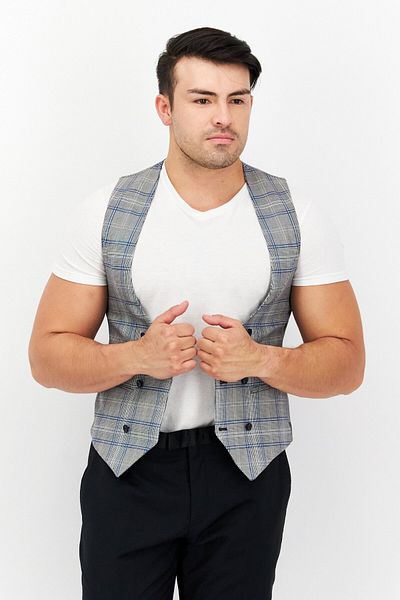 Twisted Tailor Men Regular Fit Plaid Vest, Grey/blue