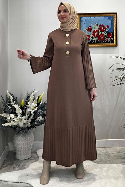 Rabia Şamlı Πλεκτό Φόρεμα με Καρφίτσα - Milky Brown Banu Style
