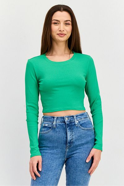 Monki Women Round Neck Long Sleeves Ribbed Top, Green
