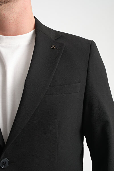 Frappoli Lucos Erkek Siyah Yarım Astar Torba Cep Likralı Gofre Kumaşlı Spor Blazer Ceket