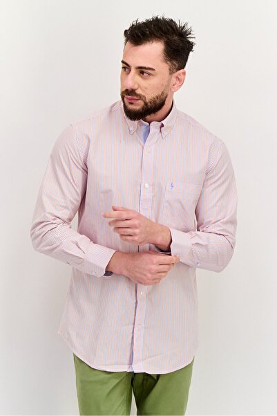 TailorByrd قميص رجالي كاجوال مخطط بأكمام طويلة بقصّة عادية، مزيج برتقالي/أزرق