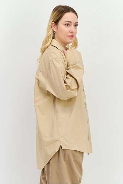 NIA Women Spread Collar Long Sleeve Plain Shirt, Beige